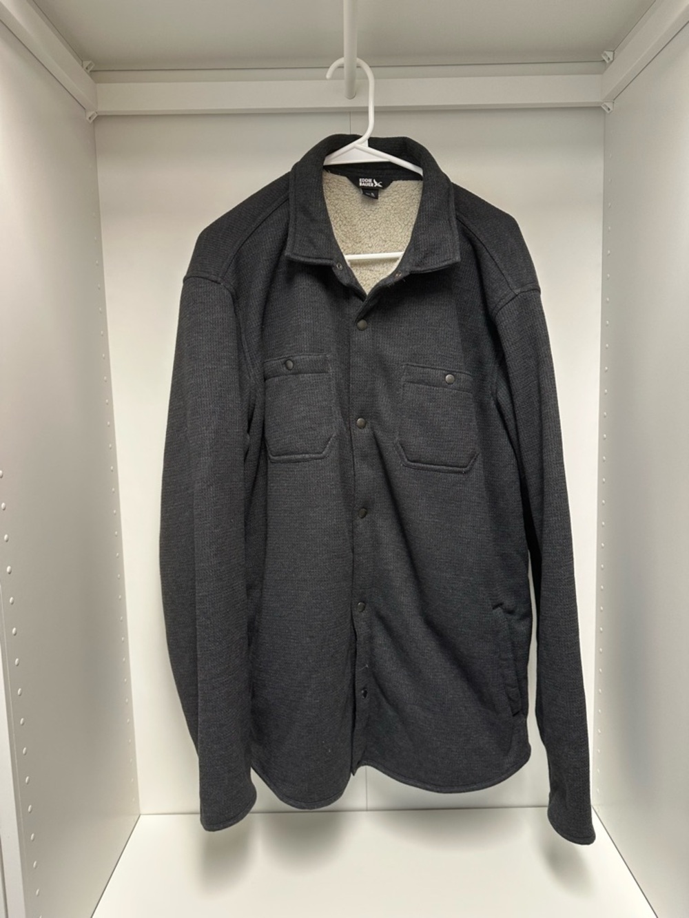 Eddie Bauer Men's Charcoal Button-Up Jacket with Sherpa Lining - Large Tall